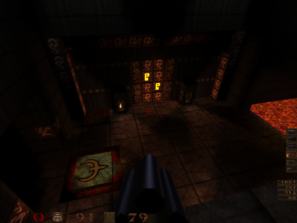 Quake (Windows) screenshot: A door... wonder what's lurking behind... (FuhQuake-engine)