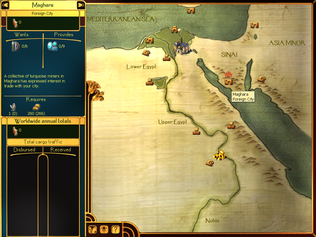 Immortal Cities: Children of the Nile (Windows) screenshot: World Level, showing places of interest, potential trading partners, and so forth