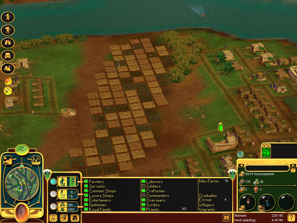 Immortal Cities: Children of the Nile (Windows) screenshot: Fields of wheat, barley, and vegetables are cultivated on the Nile's rich flood plains