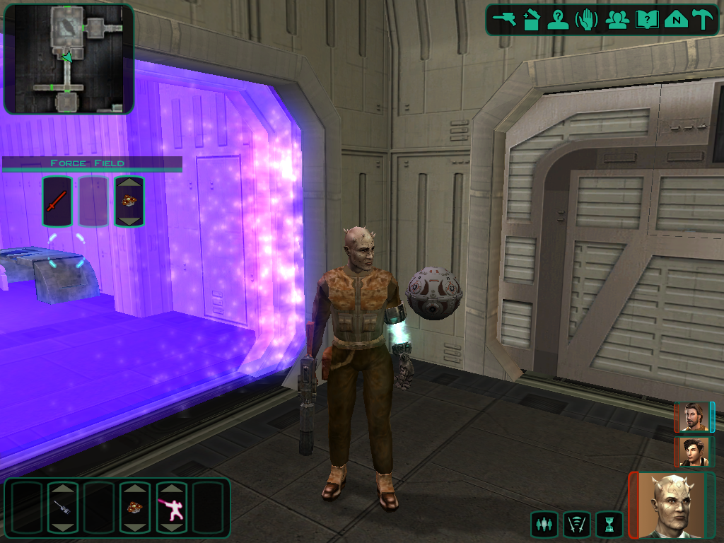 Star Wars: Knights of the Old Republic II - The Sith Lords (Windows) screenshot: Bao-Dur and his droid... That nice arm of his will let him bypass shields like this one