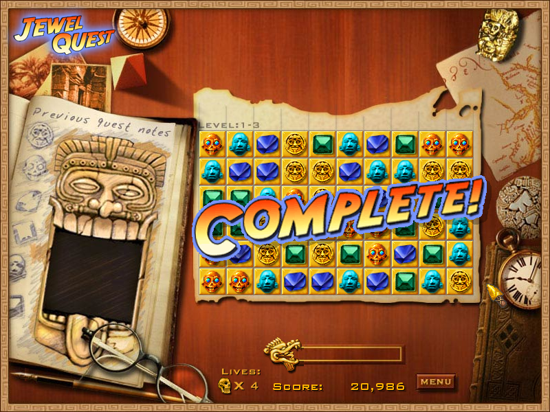 Jewel Quest (Windows) screenshot: Level 1-3 - Level completed