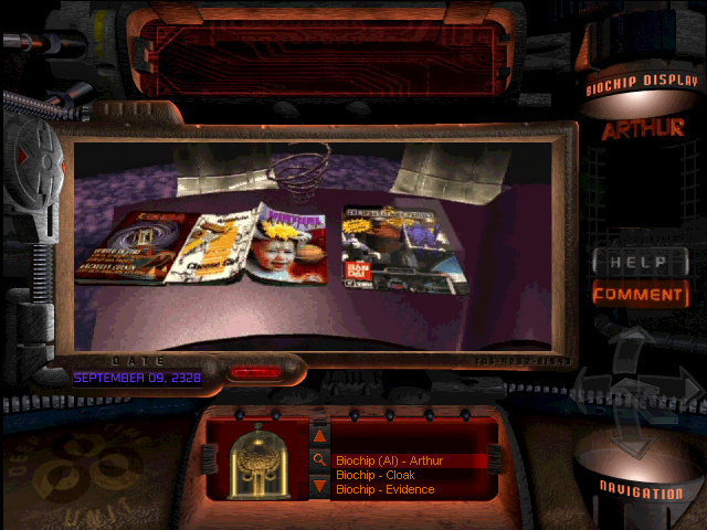The Journeyman Project 2: Buried in Time (Windows 3.x) screenshot: Various items on the coffee table in Gage Blackwood's residence.