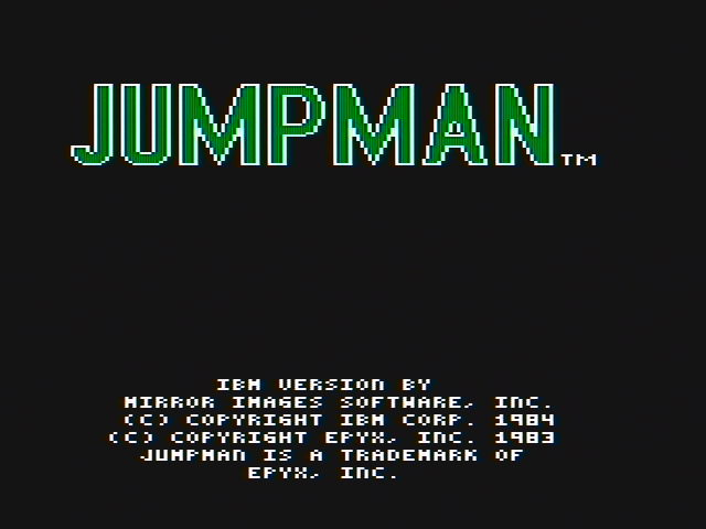 Jumpman (PC Booter) screenshot: Title screen (CGA with composite monitor)