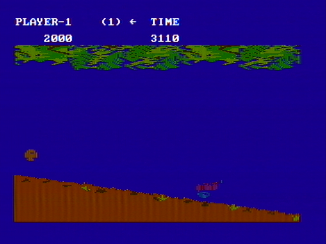 Jungle Hunt (PC Booter) screenshot: Crushed by a rock! (CGA Composite mode)