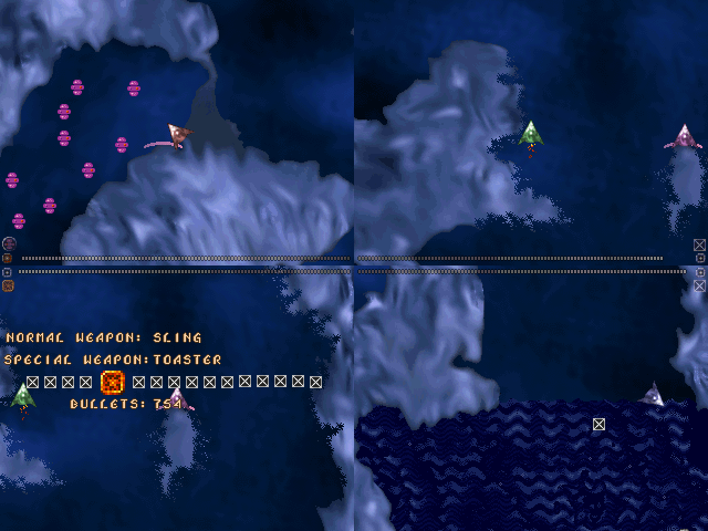 KOPS (DOS) screenshot: Mines, ruined walls, weapon selection at base
