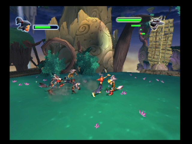Kya: Dark Lineage (PlayStation 2) screenshot: I'm outnumbered in this fight, but winning!