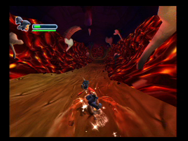 Kya: Dark Lineage (PlayStation 2) screenshot: Boarding down a narrow path; don't touch those lava walls!