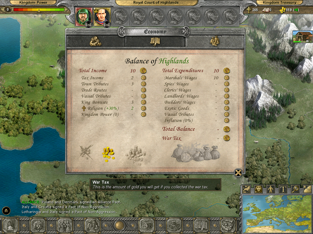 Knights of Honor (Windows) screenshot: Your balance sheet will let you know where your money is coming from and going (the other tabs show similar information about books and religion)