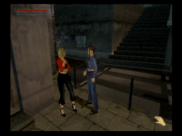 Lara Croft: Tomb Raider - The Angel of Darkness (PlayStation 2) screenshot: The hand icon means I can perform an action, or talk to someone...