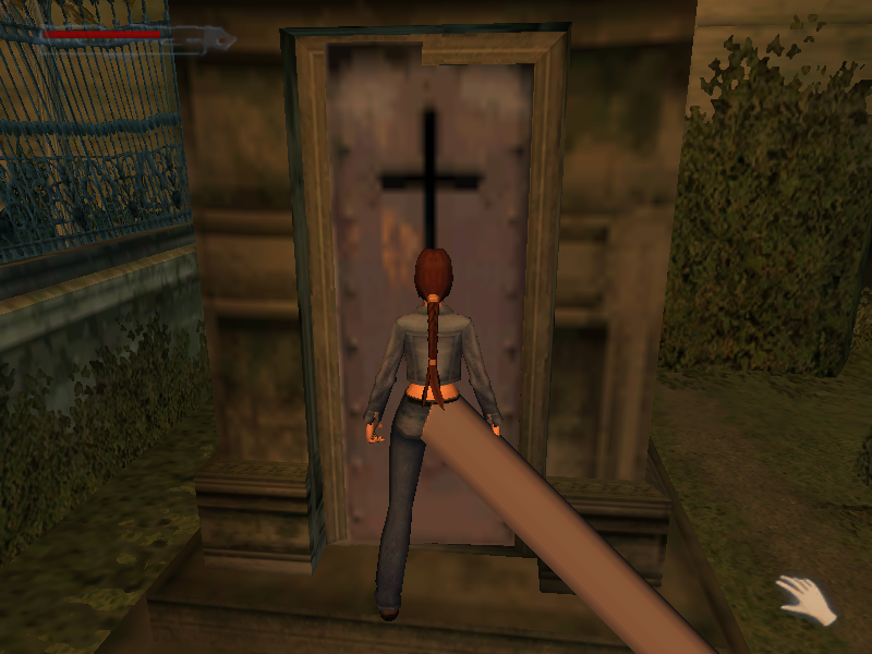Lara Croft: Tomb Raider - The Angel of Darkness (Windows) screenshot: Graphics bugs pop up occasionally. Notice her leg is extended to the edge of the screen.