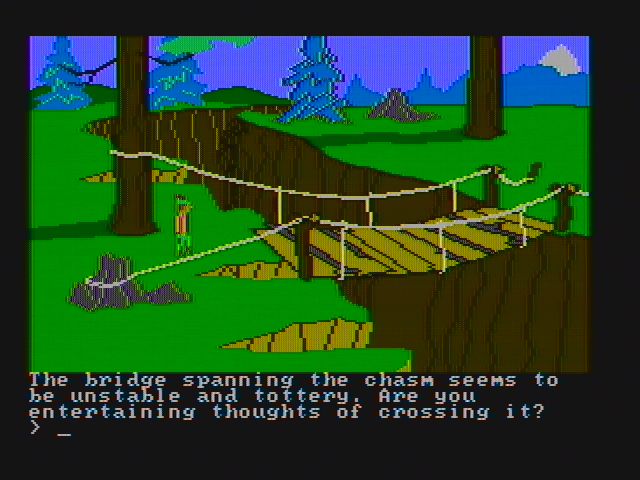 King's Quest II: Romancing the Throne (PC Booter) screenshot: Yes, I am indeed thinking of crossing this bridge... (CGA with composite monitor)