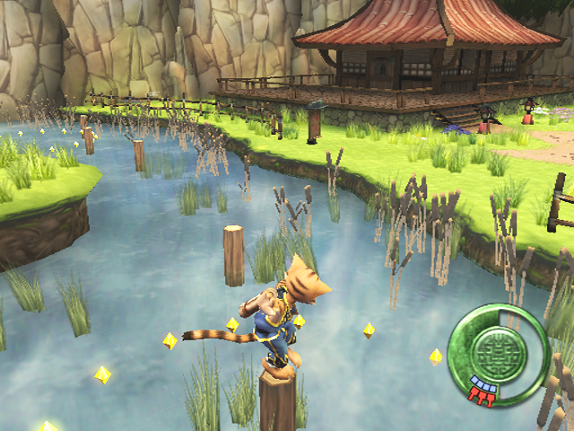 Legend of Kay (PlayStation 2) screenshot: Jumping from pillar to pillar