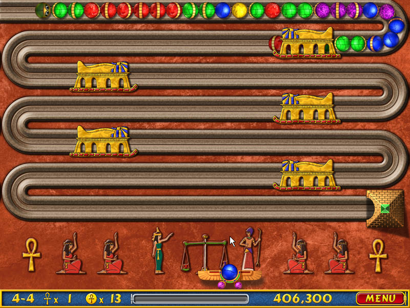 Luxor (Windows) screenshot: Stage 4-4 - You have a lot of time here due to the various horizontal rows