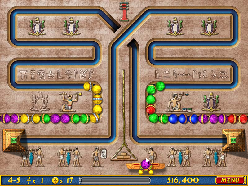 Luxor (Windows) screenshot: Stage 4-5 - Now it gets funny... two parallel tracks