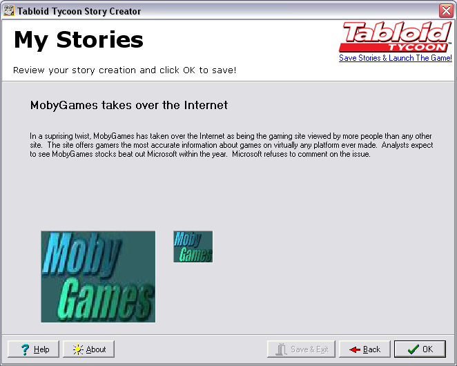 Tabloid Tycoon (Windows) screenshot: Use the story editor to create your own stories and import your own pictures (friends???) to be used in the game.