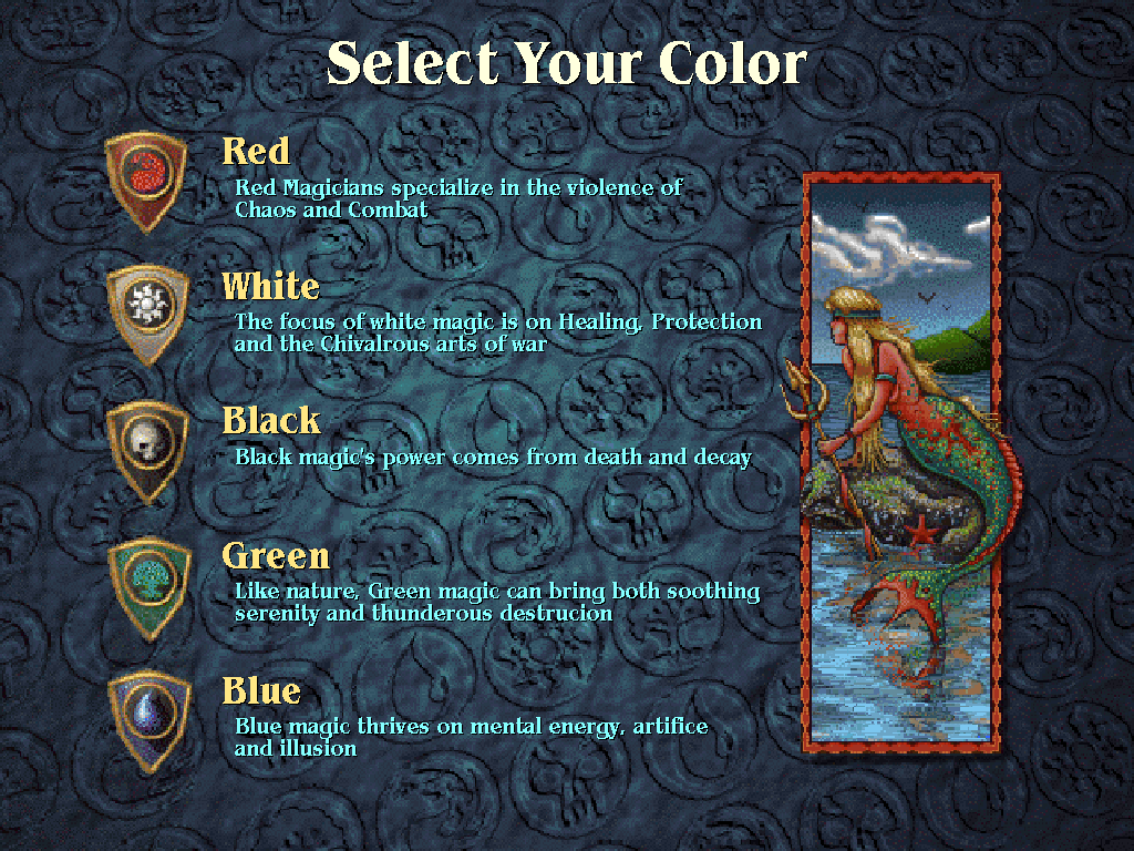 Magic: The Gathering (Windows) screenshot: Character Creation - Deck Color. Any planeswalker (you) should choose a particular color to focus your power. Choosing a particular color only effects the initial deck of cards when you start the game