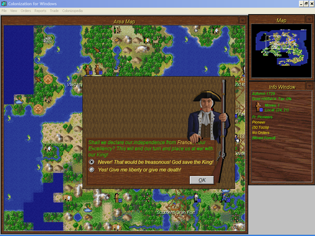 Sid Meier's Colonization (Windows 3.x) screenshot: If you feel your colony is strong enough, the next step would be to declare independence from the Europeans!