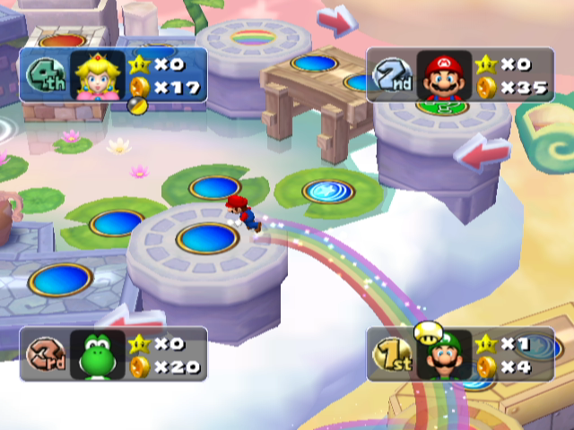 Mario Party 5 (GameCube) screenshot: Mario crossing a rainbow bridge