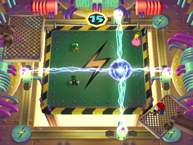 Mario Party 6 (GameCube) screenshot: Mini game: one player tries to zap the other three!