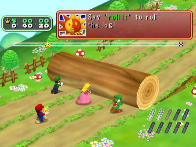 Mario Party 6 (GameCube) screenshot: A microphone game: rolling a log out of the way