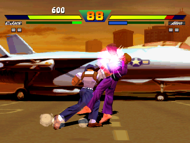 Street Fighter EX Plus α (PlayStation) screenshot: The current victim is Allen: he was smashed by the single hit caused by Cracker Jack's Dash Upper!