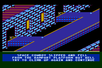 Space Cowboy (Atari 8-bit) screenshot: Falling off the Ramparts