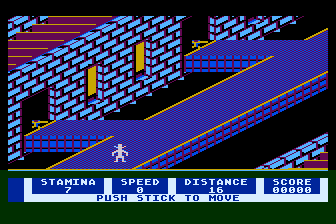Space Cowboy (Atari 8-bit) screenshot: Moving on the Ramparts