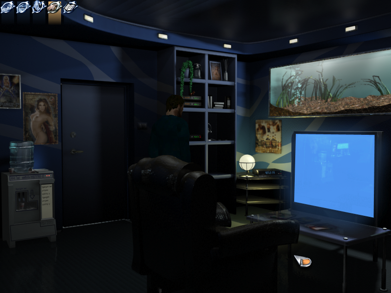 Midnight Nowhere (Windows) screenshot: The other side of the lounge. Most rooms have at least 2 screens.