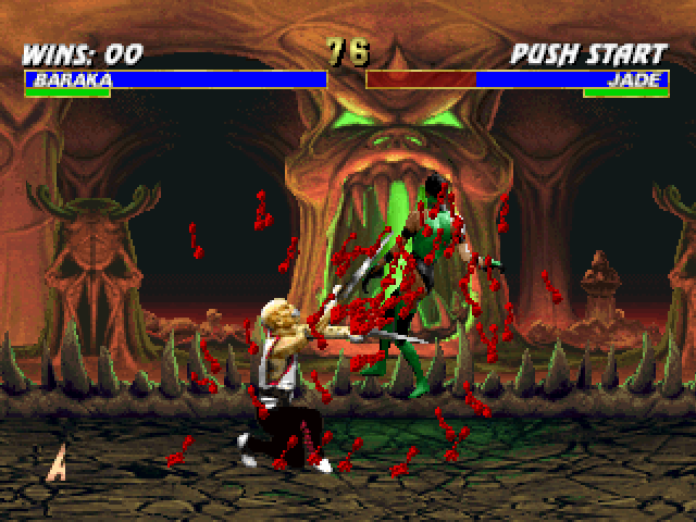 Mortal Kombat Trilogy (PlayStation) screenshot: The carnage starts with Baraka, that attacks Jade with his fast hand-claw move Blade Fury.