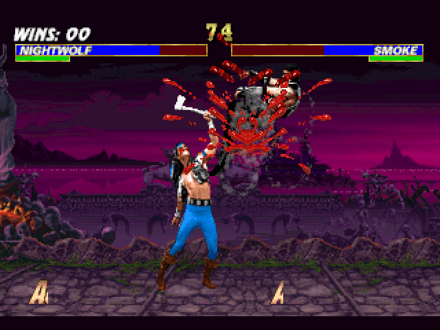 Mortal Kombat Trilogy (PlayStation) screenshot: Human Smoke is damaged by a blood-cutting axe hit: it's Nightwolf's Hatchet Swing move in action!