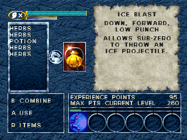 Mortal Kombat Mythologies: Sub-Zero (Nintendo 64) screenshot: Inventory screen.