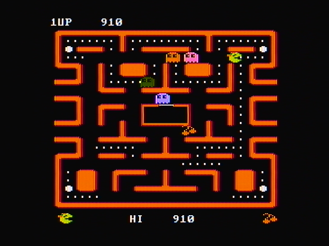 Ms. Pac-Man (PC Booter) screenshot: Munching on dots... (CGA with composite monitor)