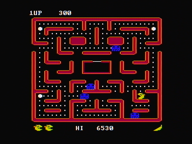 Ms. Pac-Man (PC Booter) screenshot: You can chase the ghosts when they are blue (CGA with composite monitor)