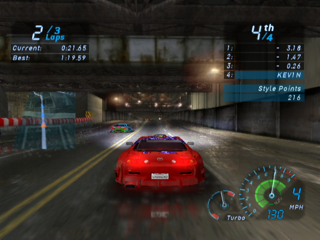 Need for Speed: Underground (GameCube) screenshot: Check out the reflections in the pavement.