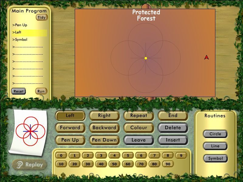 Crystal Rain Forest V2 (Windows) screenshot: The king wants a logo for his forestry protection scheme. This brings all the commands and methods taught by the game together in one exercise