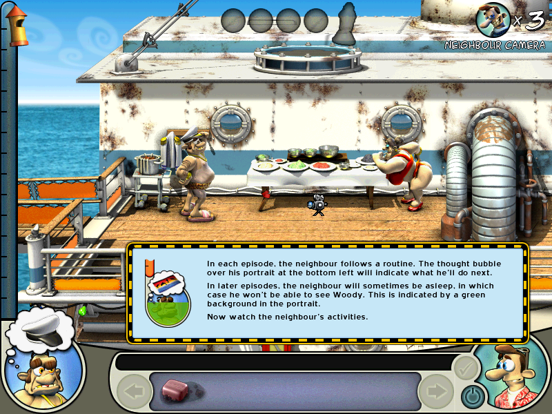 Neighbors from Hell: On Vacation (Windows) screenshot: Observe the neighbour's routine to plan your pranks