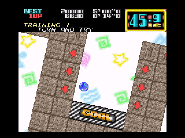 On the Ball (SNES) screenshot: Falling neatly into the first level's goal.
