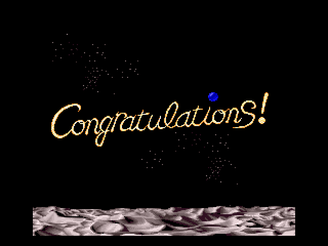 On the Ball (SNES) screenshot: A spinning congratulatory message upon completing a set of boards