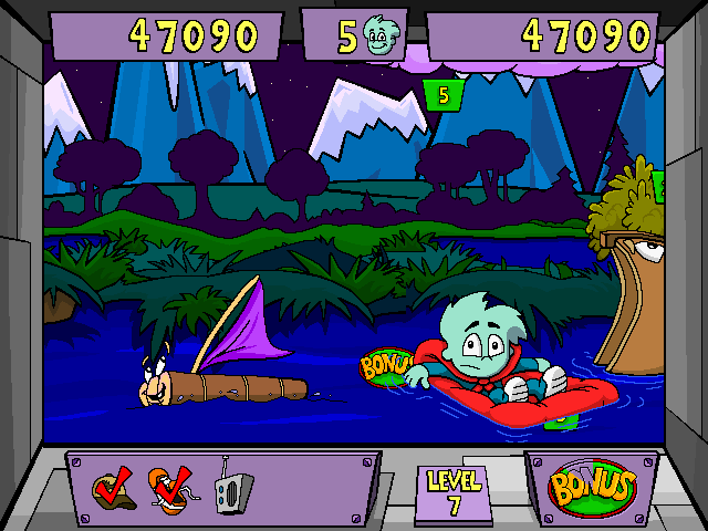 Pajama Sam's Lost & Found (Windows) screenshot: When you crash, you will lose a try (the number of tries are shown above next to Sam's face)