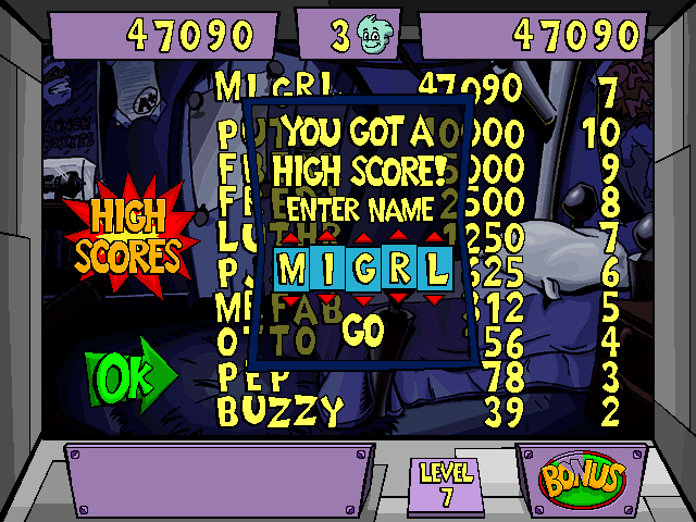 Pajama Sam's Lost & Found (Windows) screenshot: If you achieve a highscore, you can enter your name into the score board!