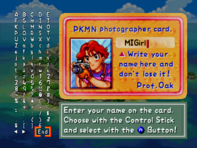 Pokémon Snap (Nintendo 64) screenshot: Insert your name
