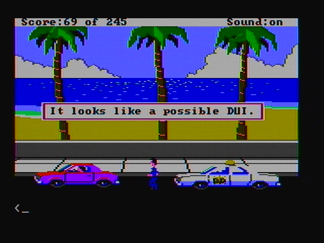 Police Quest: In Pursuit of the Death Angel (DOS) screenshot: We have a possible DUI here! (CGA with composite monitor)