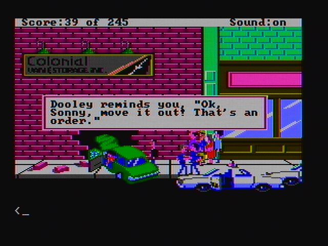 Police Quest: In Pursuit of the Death Angel (DOS) screenshot: Oops, looks like I better move out (CGA with composite monitor)