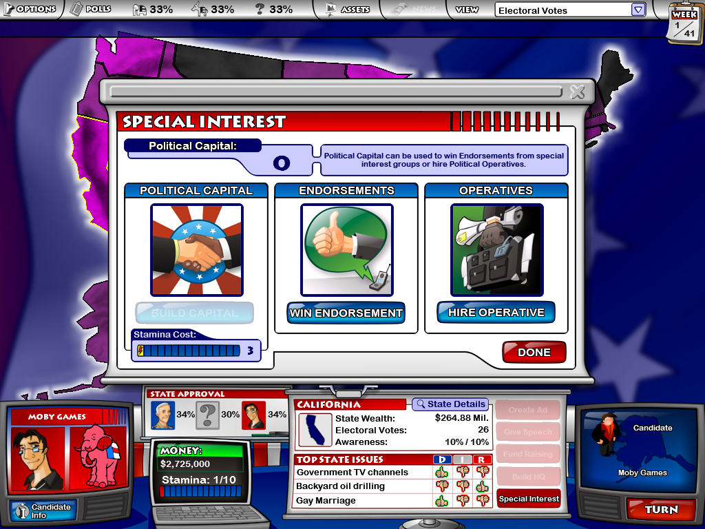 The Political Machine (Windows) screenshot: Special Interests can be very helpful