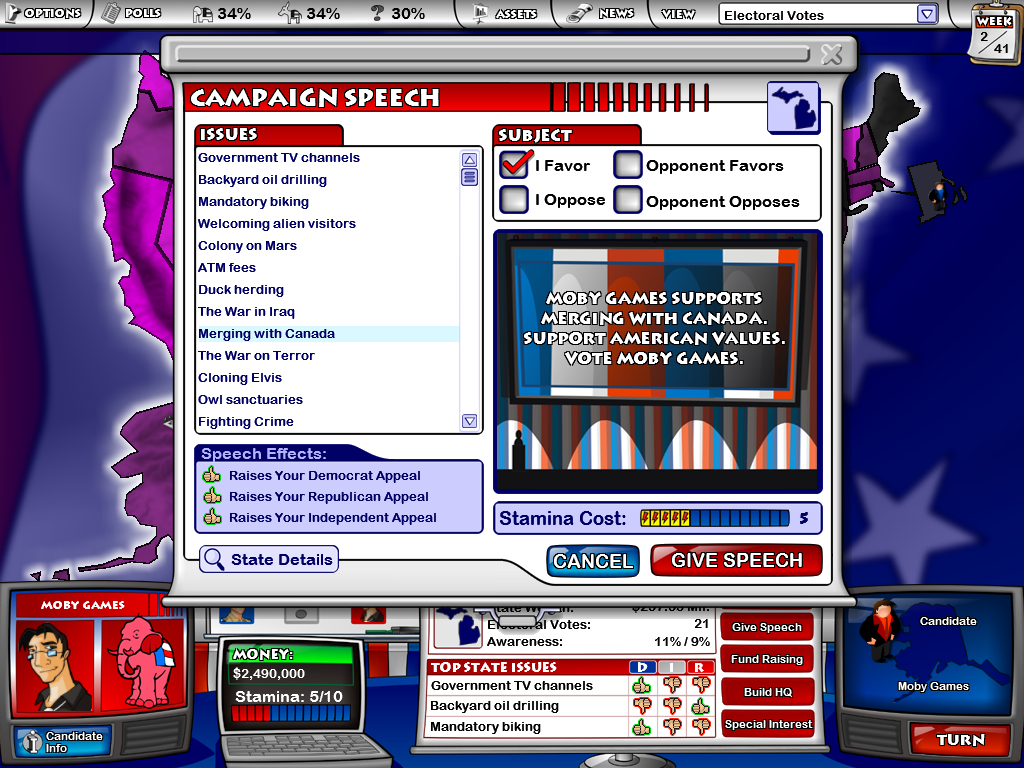 The Political Machine (Windows) screenshot: Give your speech... I think Moby Games supports merging with Canada, don't you? =D