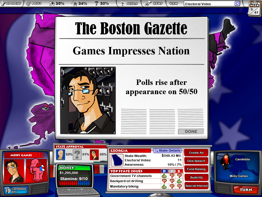 The Political Machine (Windows) screenshot: Various newspapers will report on results of different things you do