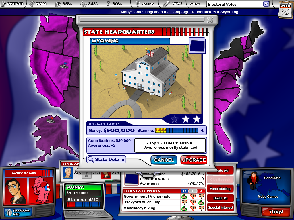 The Political Machine (Windows) screenshot: Building and upgrading campaign headquarters in different states will help greatly
