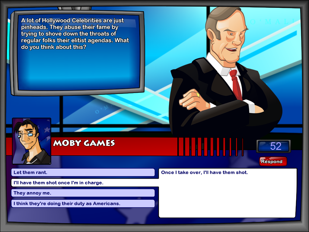 The Political Machine (Windows) screenshot: Another show, The O'Maley Scenario, has more good questions for you (again, this is Fantasy mode)