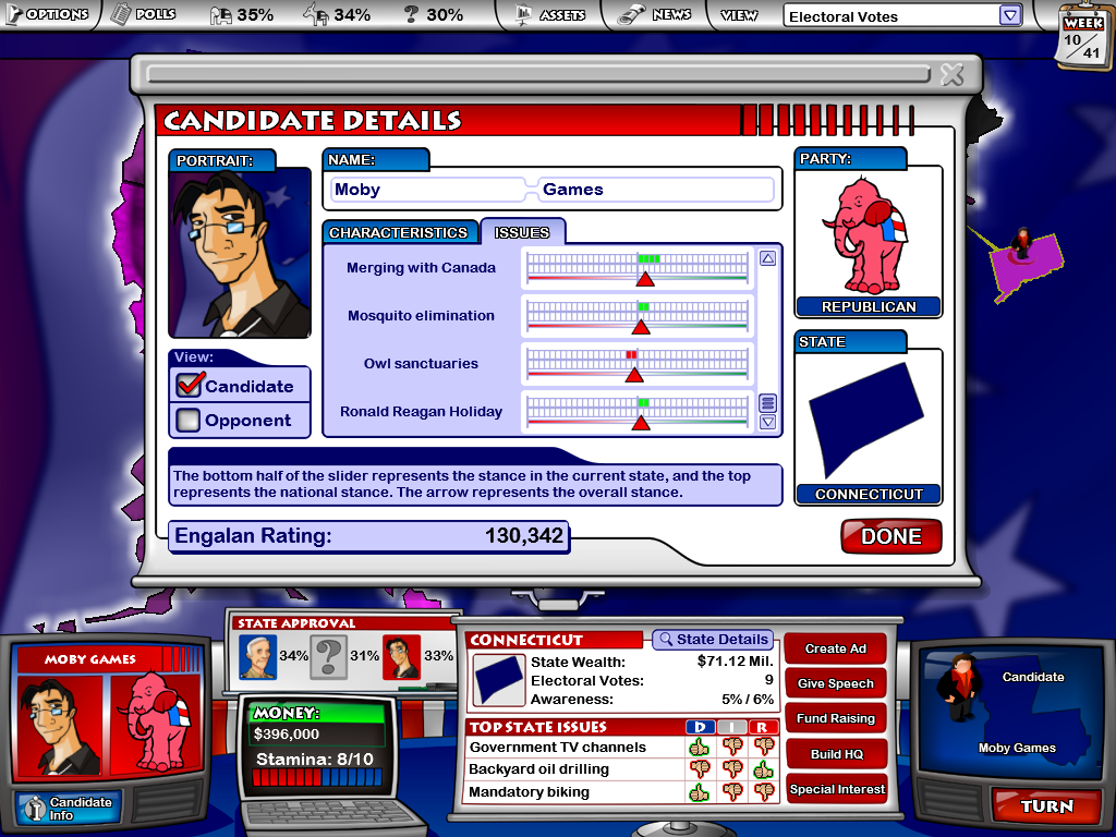 The Political Machine (Windows) screenshot: Look at your details and your opponent's details on a state-by-state/issue-by-issue basis... it also shows the national stance