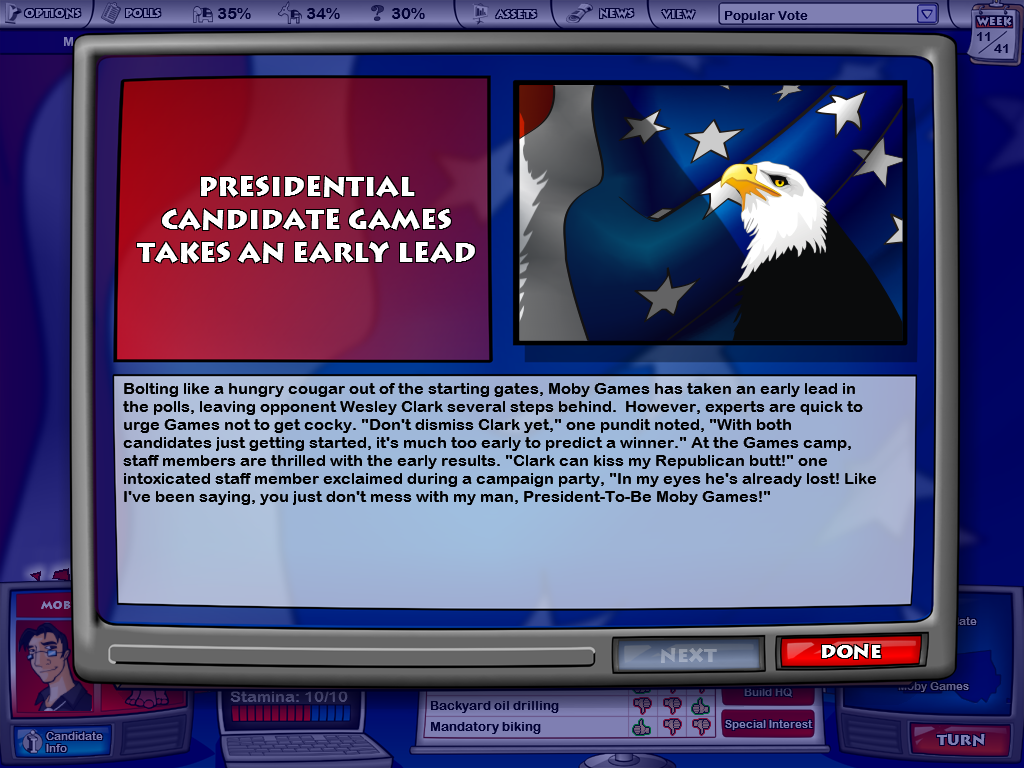 The Political Machine (Windows) screenshot: As you move on, you get updates on the campaign like this
